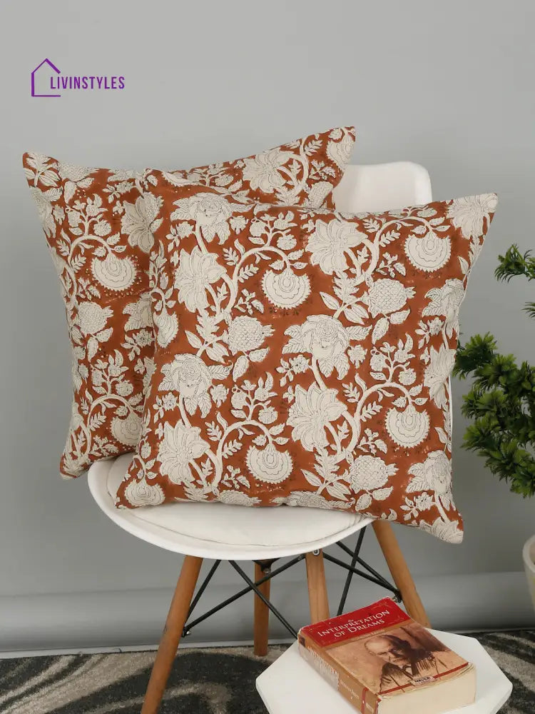 Eyda Rust Cotton Hand Block Cushion Cover Set Of 2