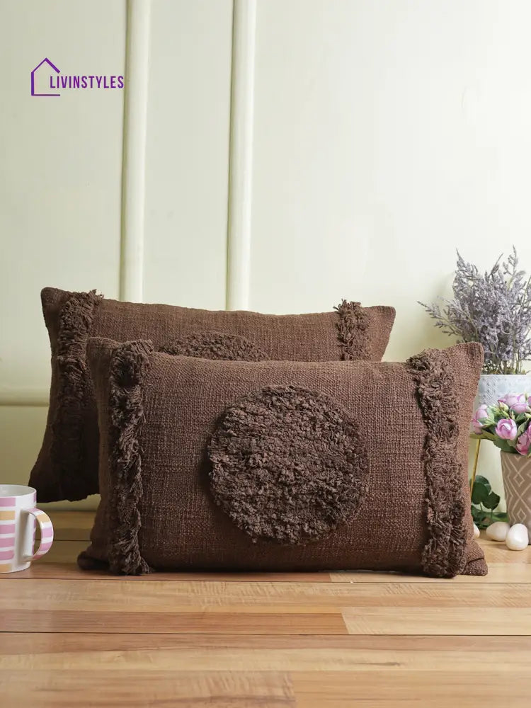 Eyda Set Of 2 Cotton Brown Cushion Cover 12X20 Inch