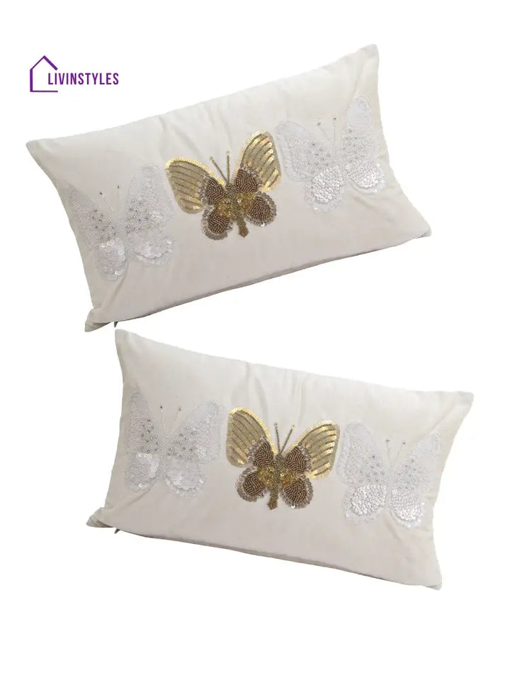 Eyda Set Of 2 Velvet Cream Emroidered Cushion Cover 12X20 Inch