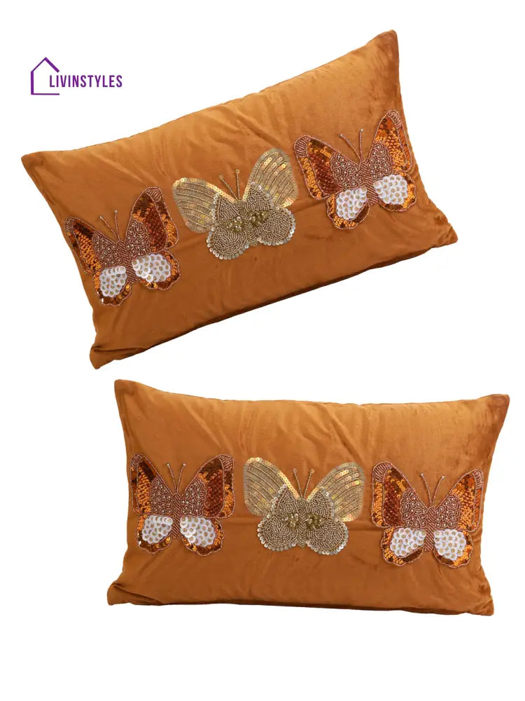 Eyda Set Of 2 Velvet Rust Emroidered Cushion Cover 12X20 Inch