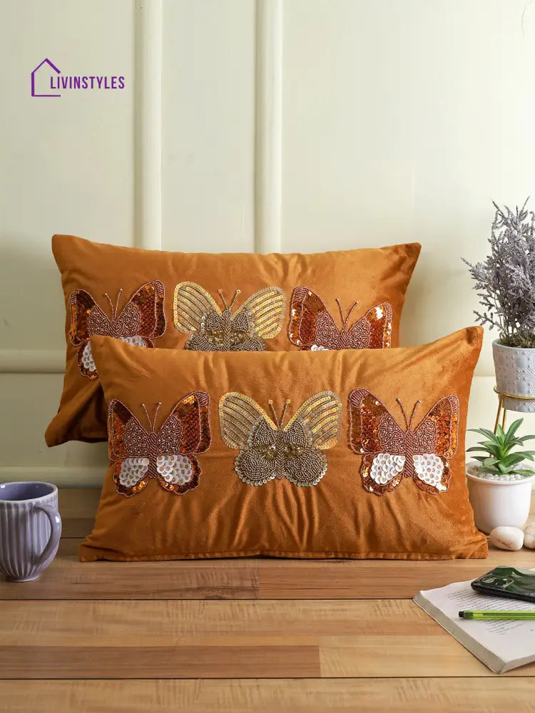 Eyda Set Of 2 Velvet Rust Emroidered Cushion Cover 12X20 Inch