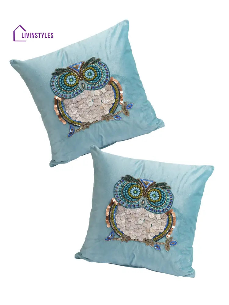 Eyda Set Of 2 Velvet Turquoise Emroidered Cushion Cover 18X18 Inch