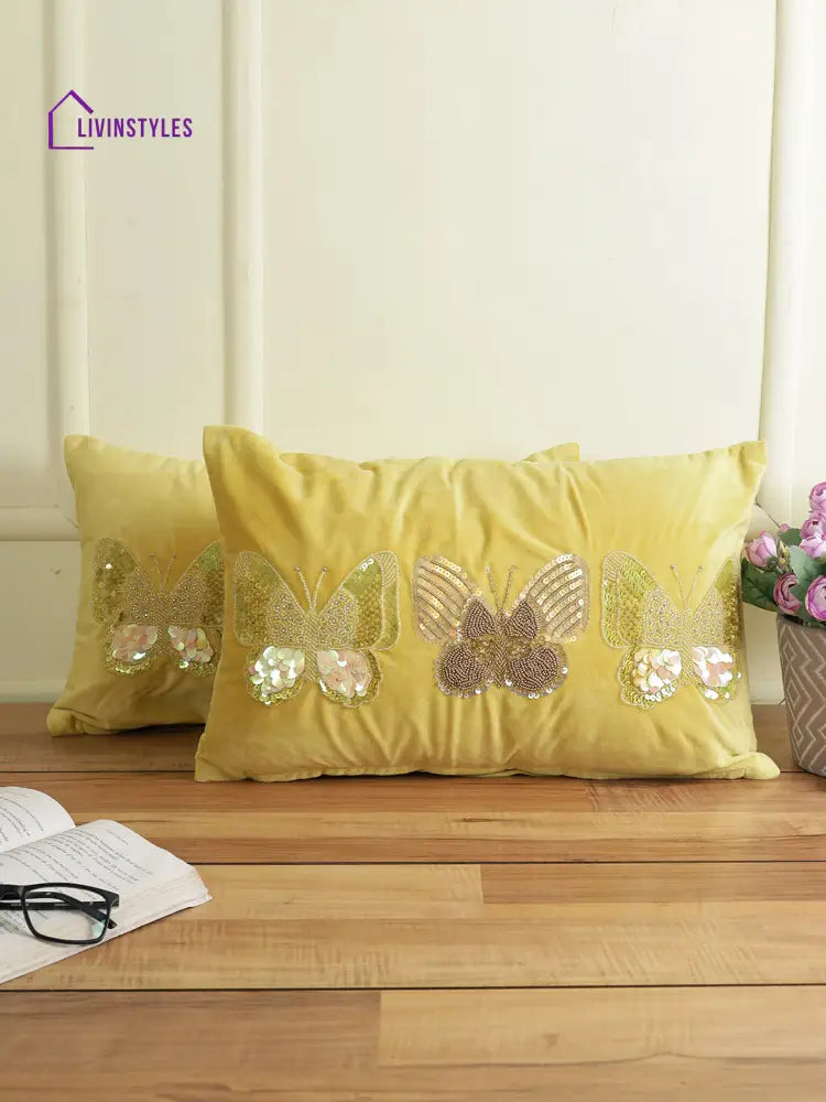 Eyda Set Of 2 Velvet Yellow Emroidered Cushion Cover 12X20 Inch