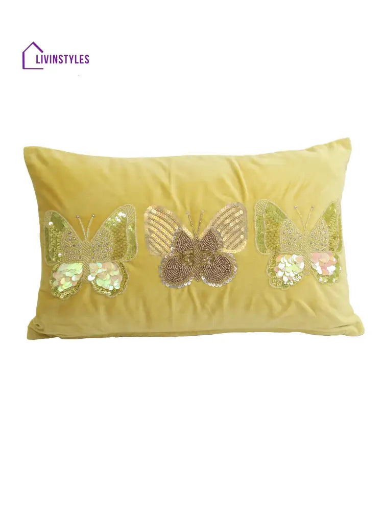 Eyda Set Of 2 Velvet Yellow Emroidered Cushion Cover 12X20 Inch