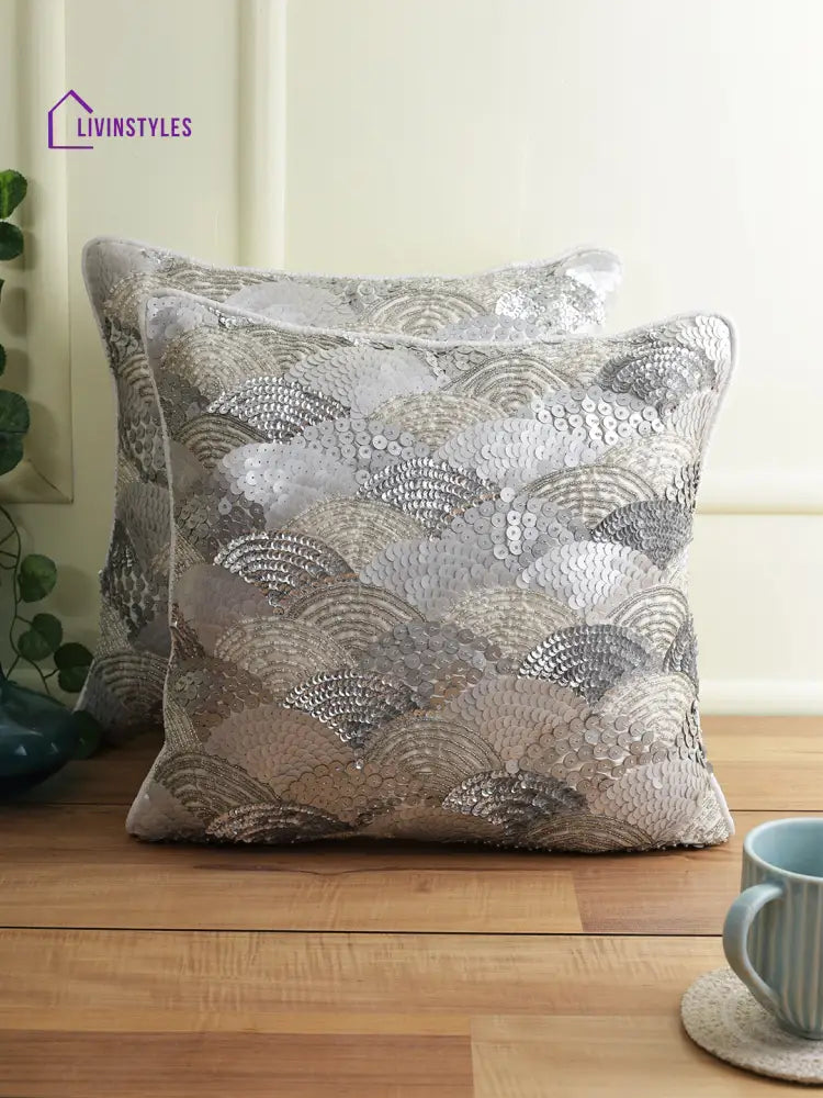 Eyda Silver Embellished Set Of 2 Cushion Cover-16X16 Inch