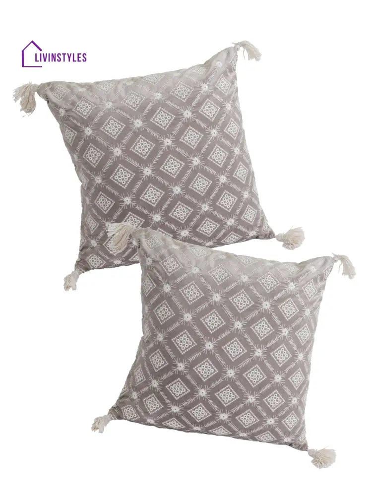 Eyda Super Soft Grey Color Set Of 2 Embroidered Cushion Cover-18X18 Inch