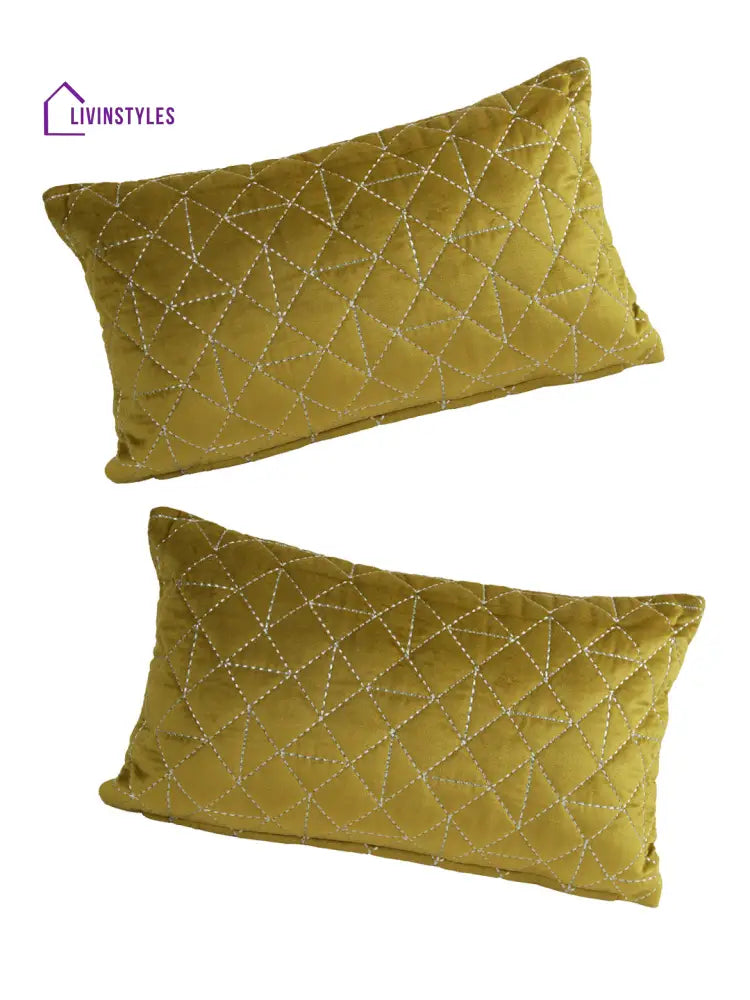 Eyda Super Soft Olive Green Color Set Of 2 Quilted Cushion Cover-12X20 Inch