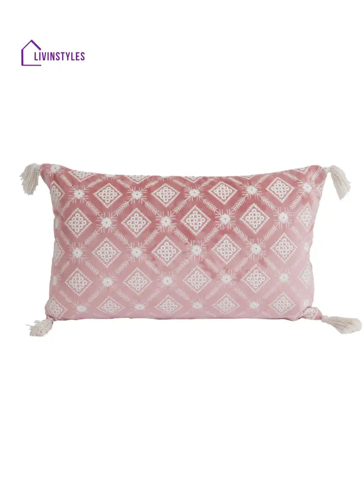 Eyda Super Soft Pink Color Set Of 2 Embroidered Cushion Cover-12X20 Inch