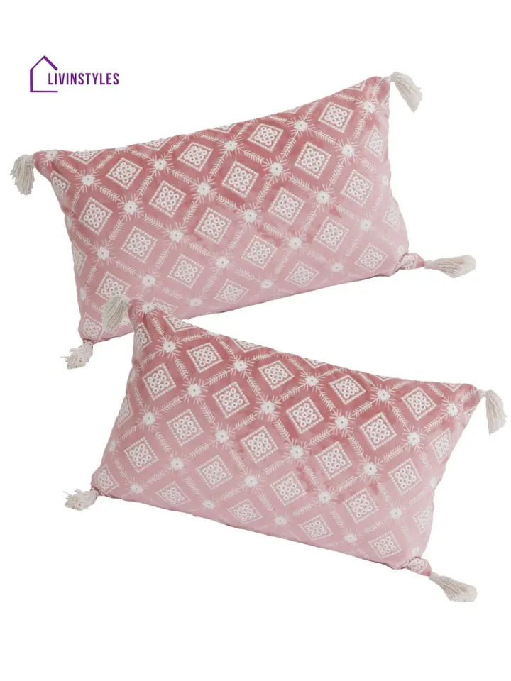 Eyda Super Soft Pink Color Set Of 2 Embroidered Cushion Cover-12X20 Inch