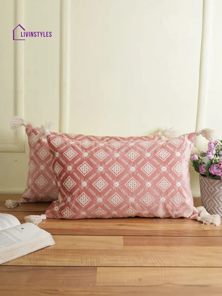 Eyda Super Soft Pink Color Set Of 2 Embroidered Cushion Cover-12X20 Inch