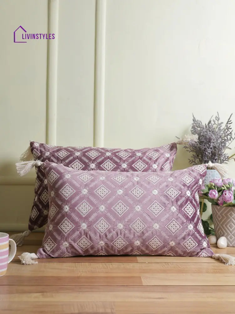 Eyda Super Soft Purple Color Set Of 2 Embroidered Cushion Cover-12X20 Inch