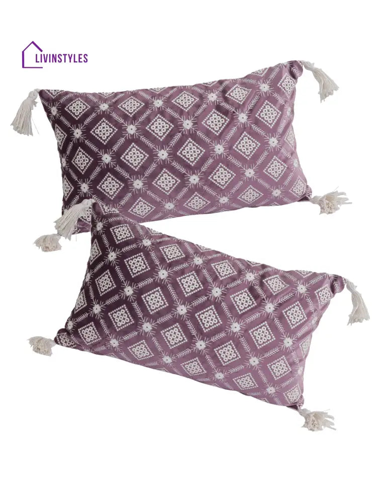 Eyda Super Soft Purple Color Set Of 2 Embroidered Cushion Cover-12X20 Inch