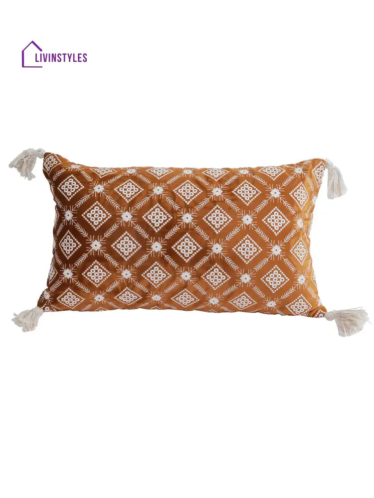 Eyda Super Soft Rust Color Set Of 2 Embroidered Cushion Cover-12X20 Inch