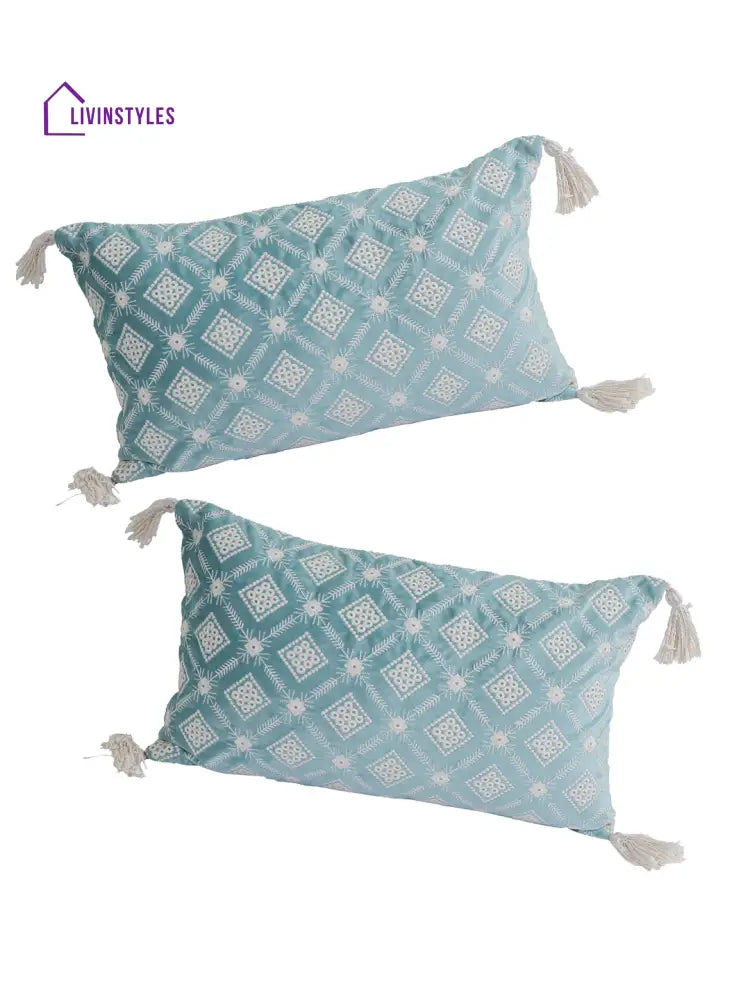 Eyda Super Soft Turquoise Blue Color Set Of 2 Embroidered Cushion Cover-12X20 Inch