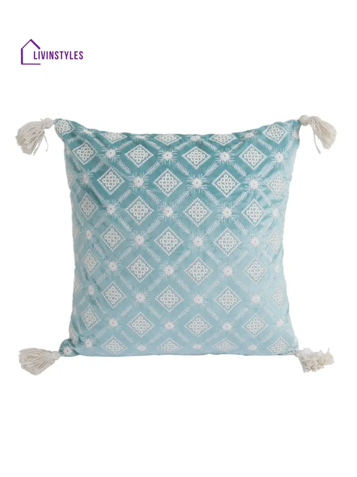 Eyda Super Soft Turquoise Blue Color Set Of 2 Embroidered Cushion Cover-18X18 Inch