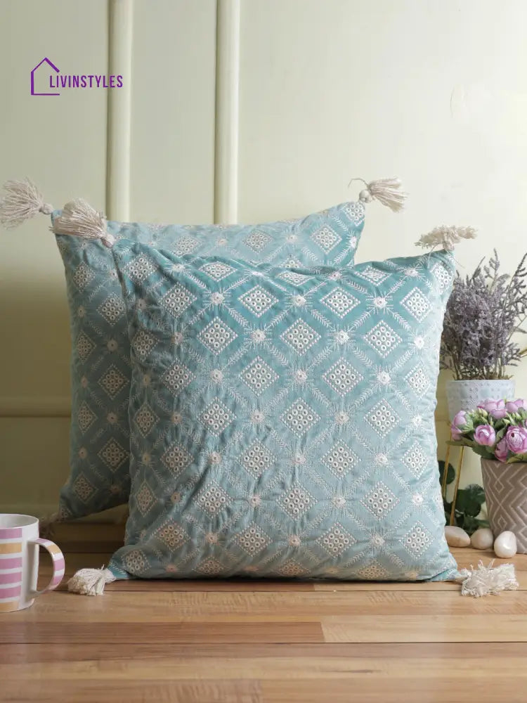 Eyda Super Soft Turquoise Blue Color Set Of 2 Embroidered Cushion Cover-18X18 Inch