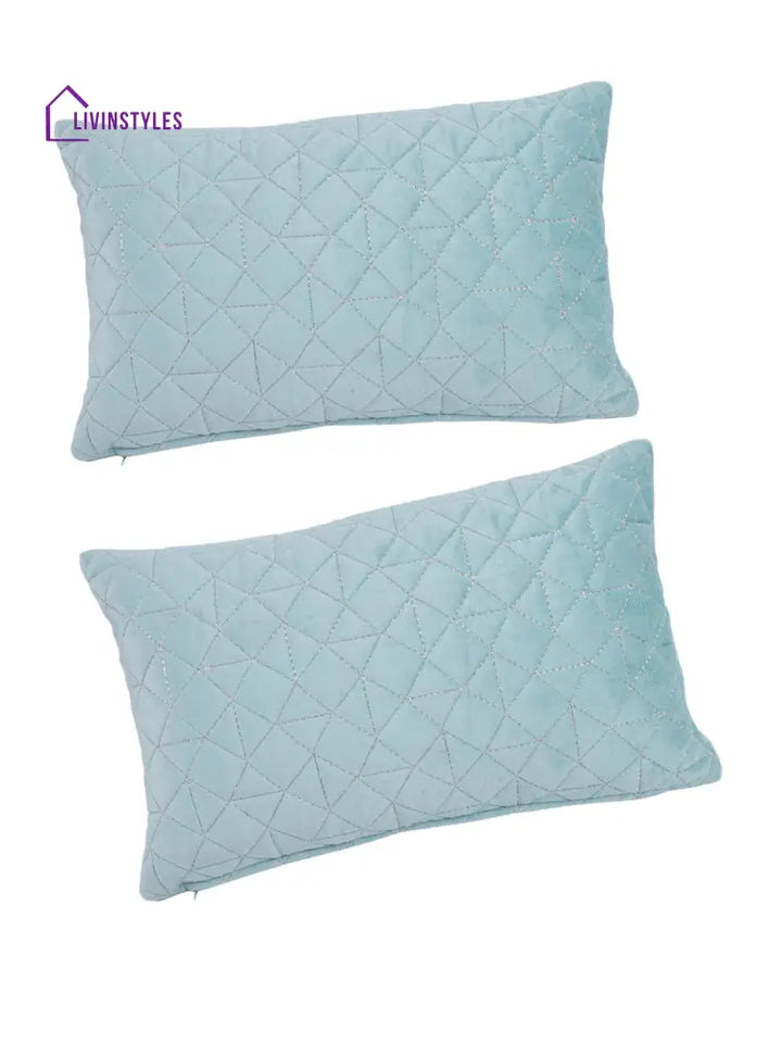 Eyda Super Soft Velvet Aqua Color Set Of 2 Quilted Cushion Cover-12X20 Inch