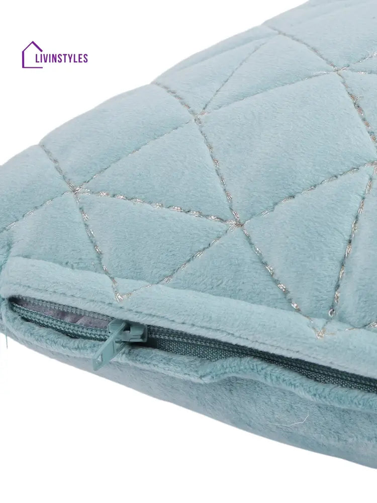 Eyda Super Soft Velvet Aqua Color Set Of 2 Quilted Cushion Cover-12X20 Inch