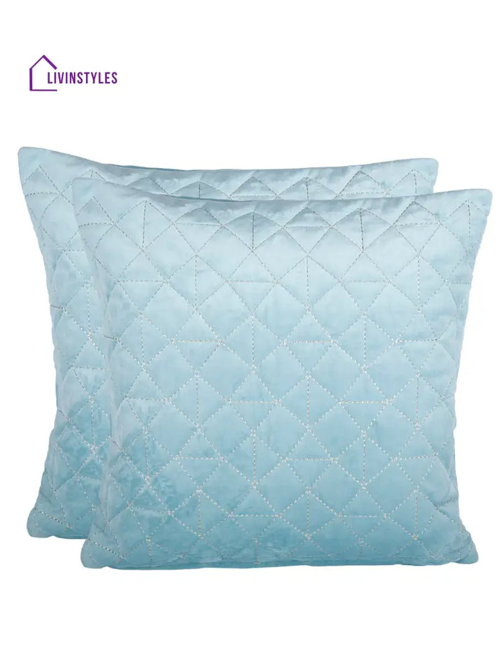 Eyda Super Soft Velvet Aqua Color Set Of 2 Quilted Cushion Cover-18X18 Inch