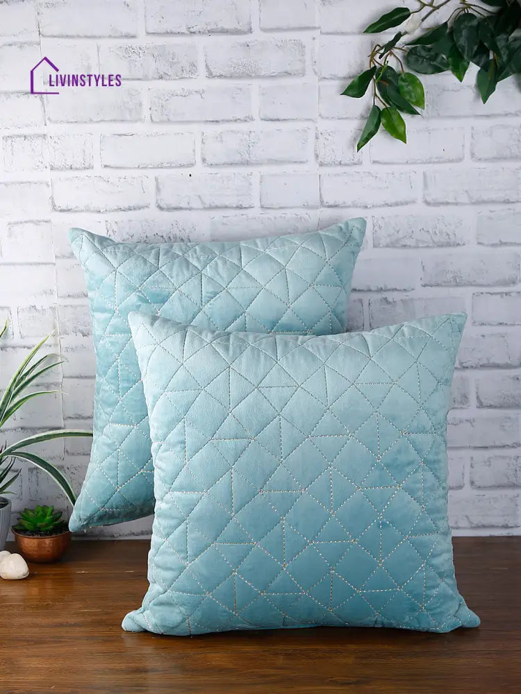 Eyda Super Soft Velvet Aqua Color Set Of 2 Quilted Cushion Cover-18X18 Inch