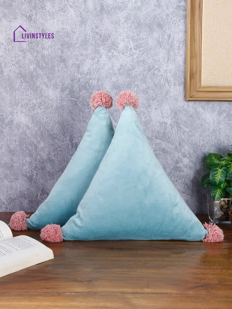 Eyda Super Soft Velvet Aqua Color Set Of 2 Triangle Filled Cushion-15X15X15 Inch