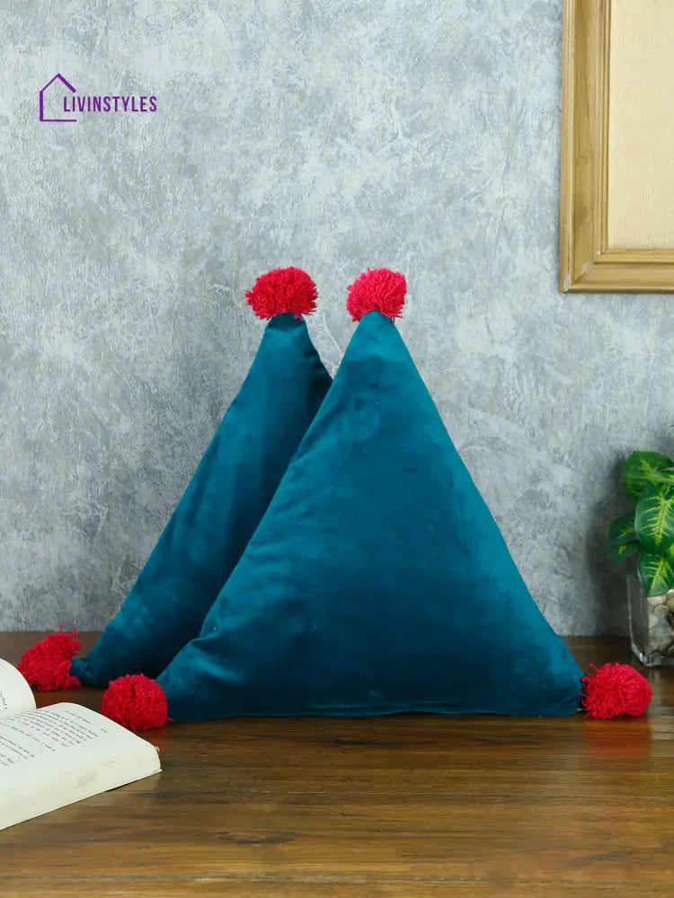 Eyda Super Soft Velvet Blue Color Set Of 2 Triangle Filled Cushion-15X15X15 Inch