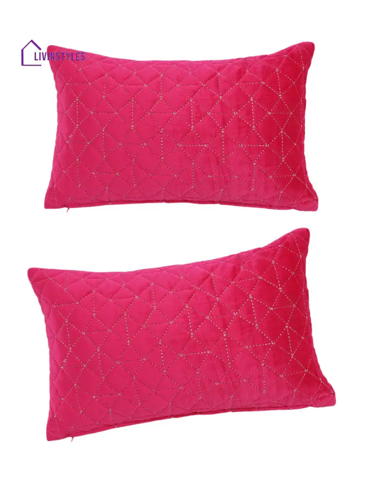 Eyda Super Soft Velvet Fuchsia Color Set Of 2 Quilted Cushion Cover-12X20 Inch