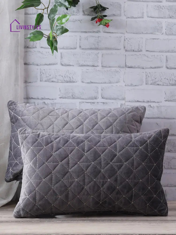 Eyda Super Soft Velvet Grey Color Set Of 2 Quilted Cushion Cover-12X20 Inch