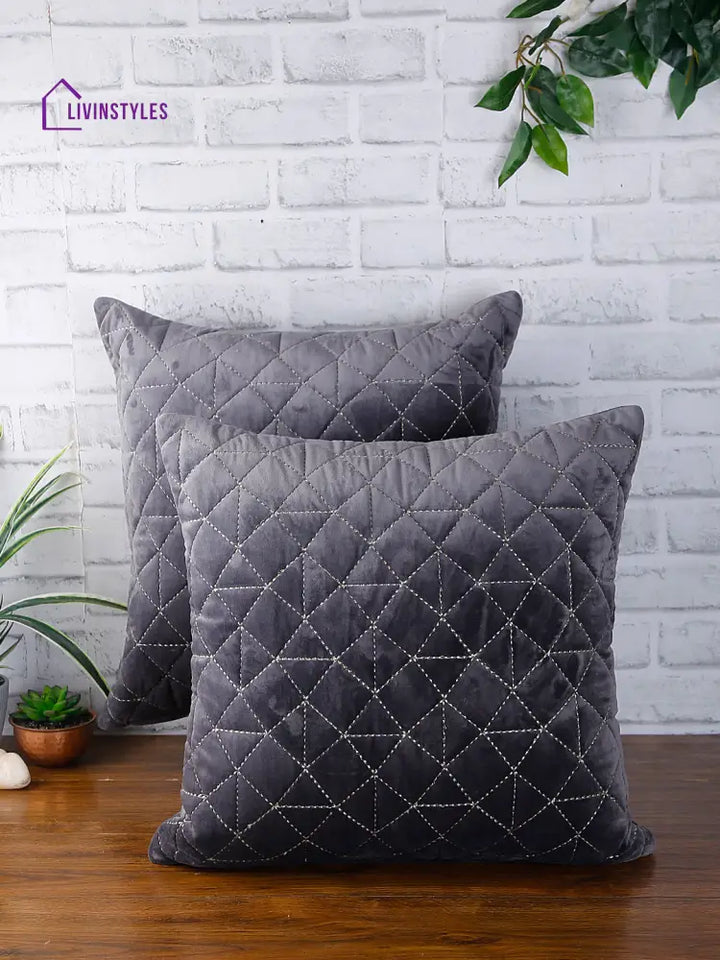 Eyda Super Soft Velvet Grey Color Set Of 2 Quilted Cushion Cover-18X18 Inch