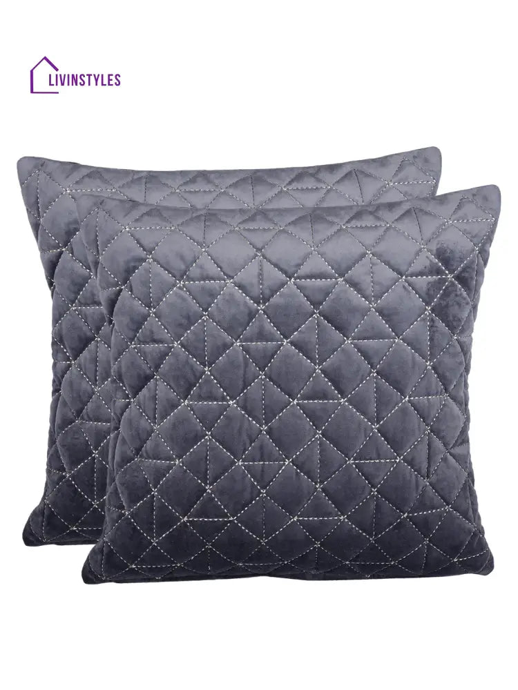 Eyda Super Soft Velvet Grey Color Set Of 2 Quilted Cushion Cover-18X18 Inch