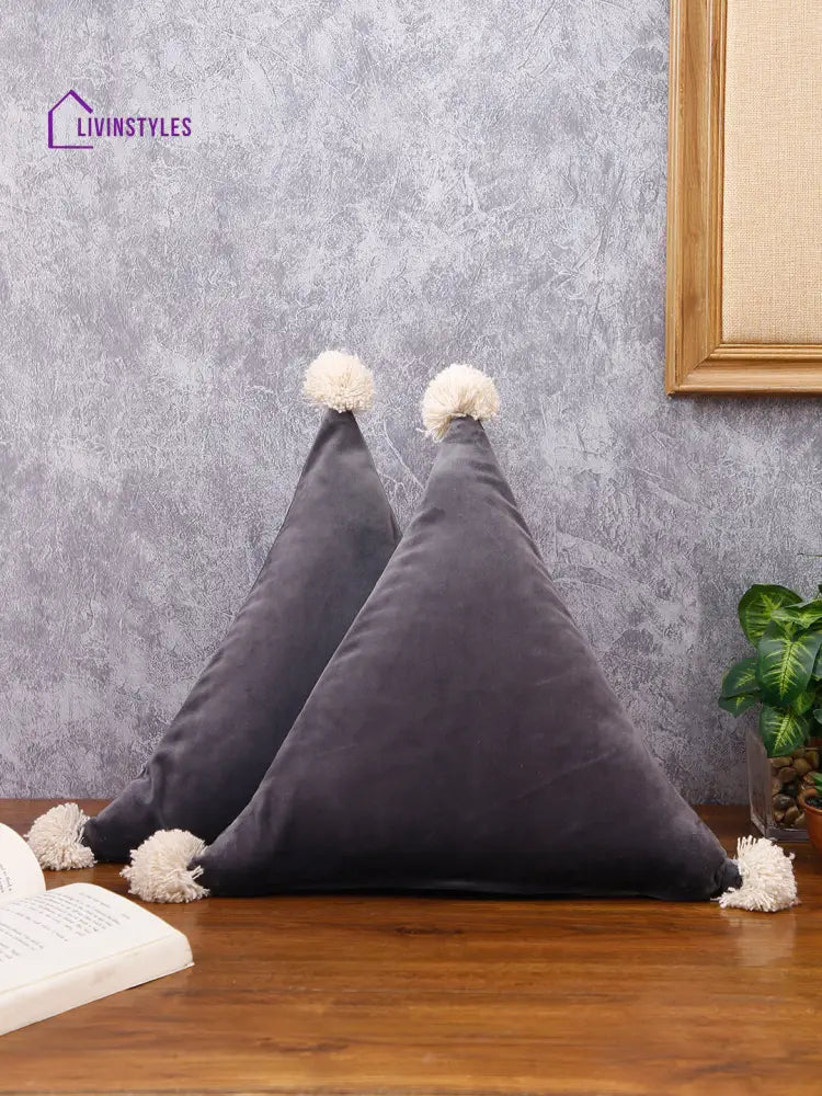 Eyda Super Soft Velvet Grey Color Set Of 2 Triangle Filled Cushion-15X15X15 Inch