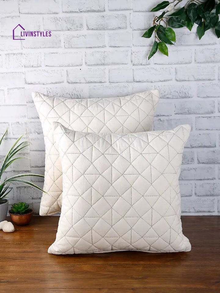 Eyda Super Soft Velvet Ivory Color Set Of 2 Quilted Cushion Cover-18X18 Inch