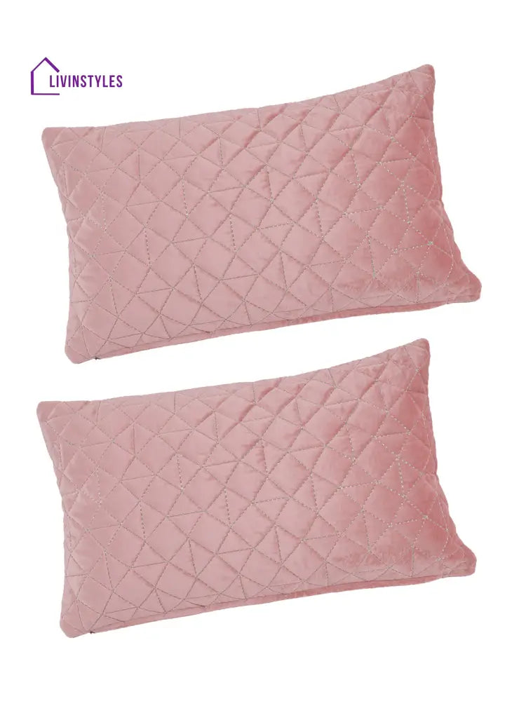 Eyda Super Soft Velvet Peach Color Set Of 2 Quilted Cushion Cover-12X20 Inch