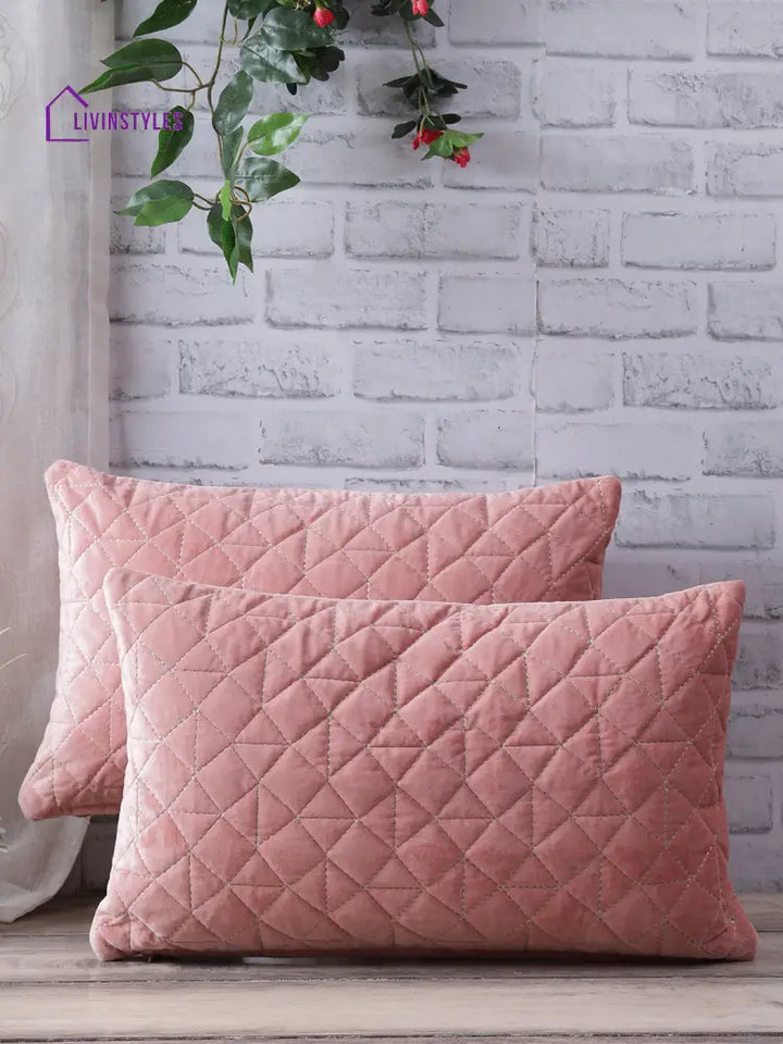 Eyda Super Soft Velvet Peach Color Set Of 2 Quilted Cushion Cover-12X20 Inch