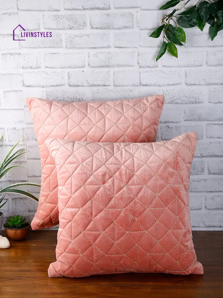 Eyda Super Soft Velvet Peach Color Set Of 2 Quilted Cushion Cover-18X18 Inch