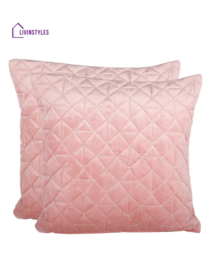 Eyda Super Soft Velvet Peach Color Set Of 2 Quilted Cushion Cover-18X18 Inch