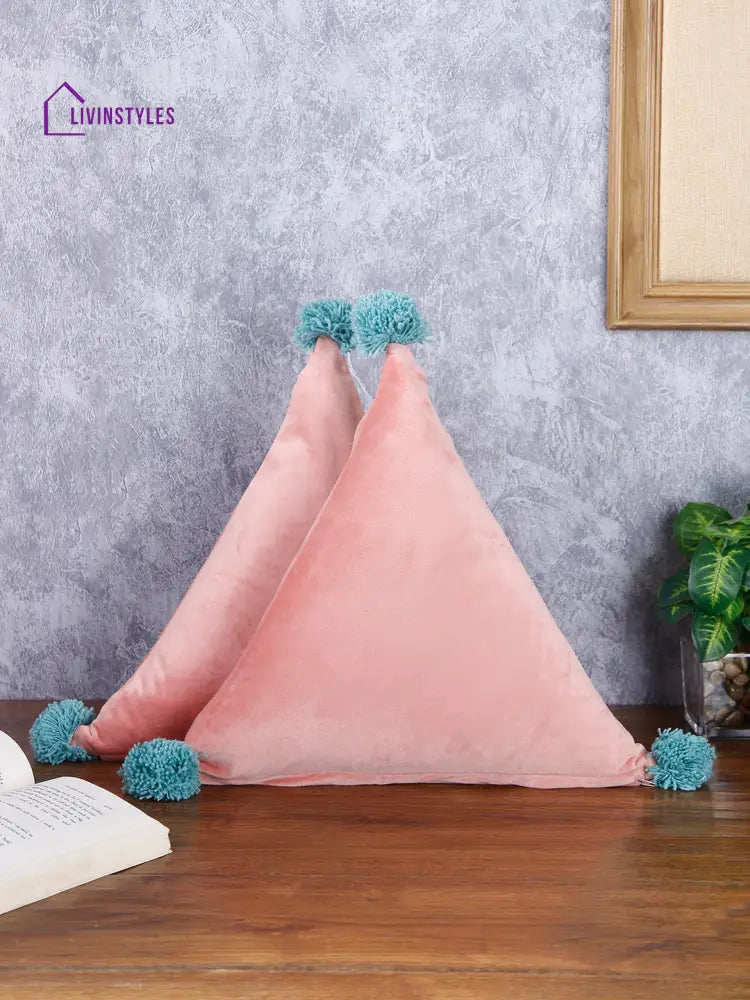 Eyda Super Soft Velvet Peach Color Set Of 2 Triangle Filled Cushion-15X15X15 Inch