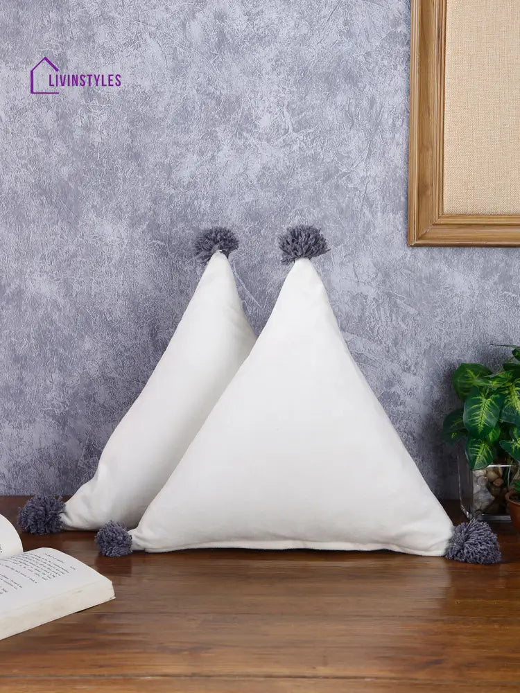 Eyda Super Soft Velvet White Color Set Of 2 Triangle Filled Cushion-15X15X15 Inch