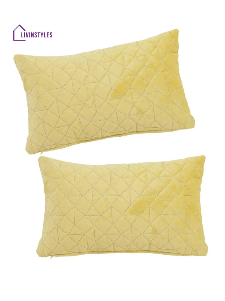 Eyda Super Soft Velvet Yellow Color Set Of 2 Quilted Cushion Cover-12X20 Inch