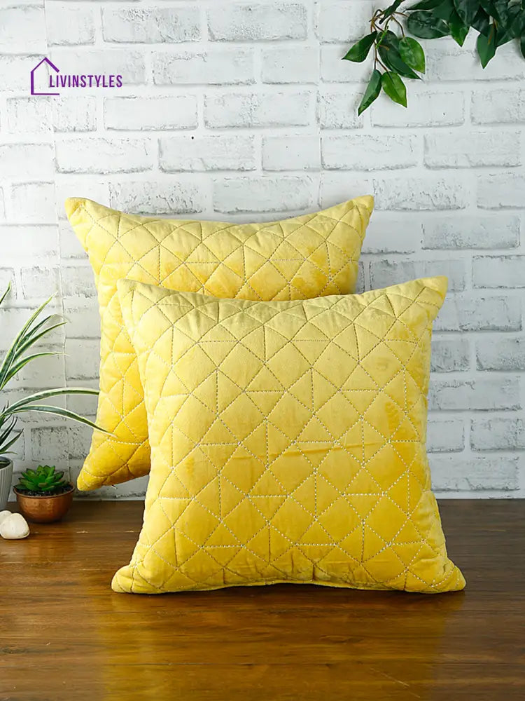 Eyda Super Soft Velvet Yellow Color Set Of 2 Quilted Cushion Cover-18X18 Inch