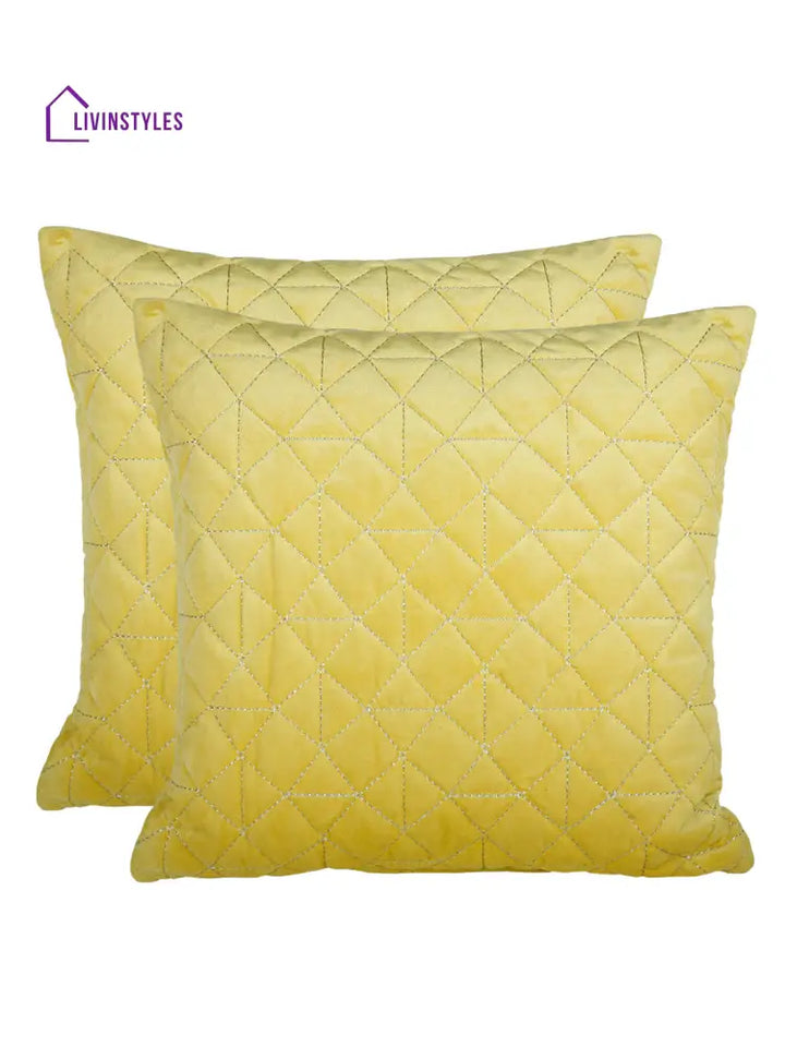 Eyda Super Soft Velvet Yellow Color Set Of 2 Quilted Cushion Cover-18X18 Inch