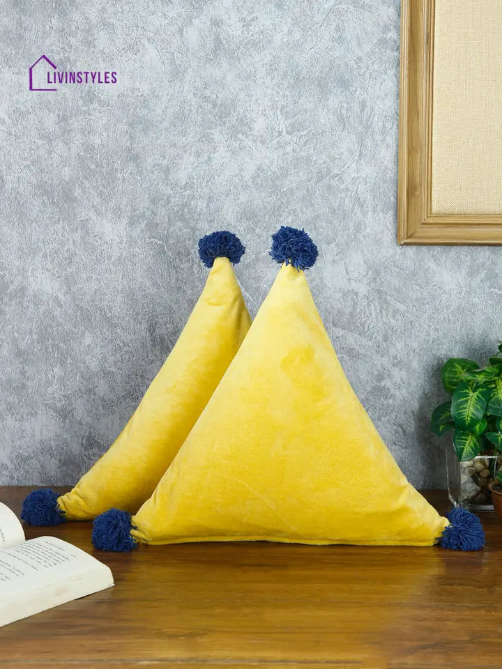 Eyda Super Soft Velvet Yellow Color Set Of 2 Triangle Filled Cushion-15X15X15 Inch