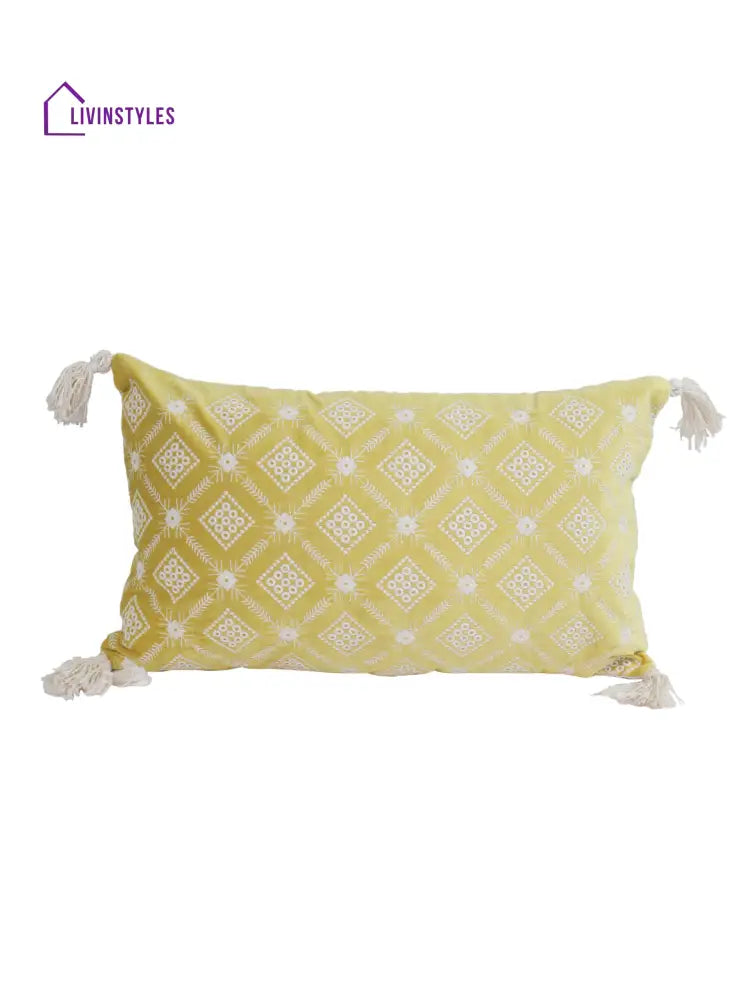 Eyda Super Soft Yellow Color Set Of 2 Embroidered Cushion Cover-12X20 Inch