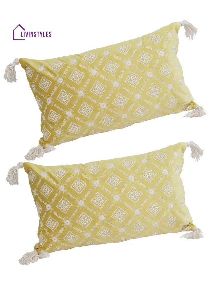 Eyda Super Soft Yellow Color Set Of 2 Embroidered Cushion Cover-12X20 Inch