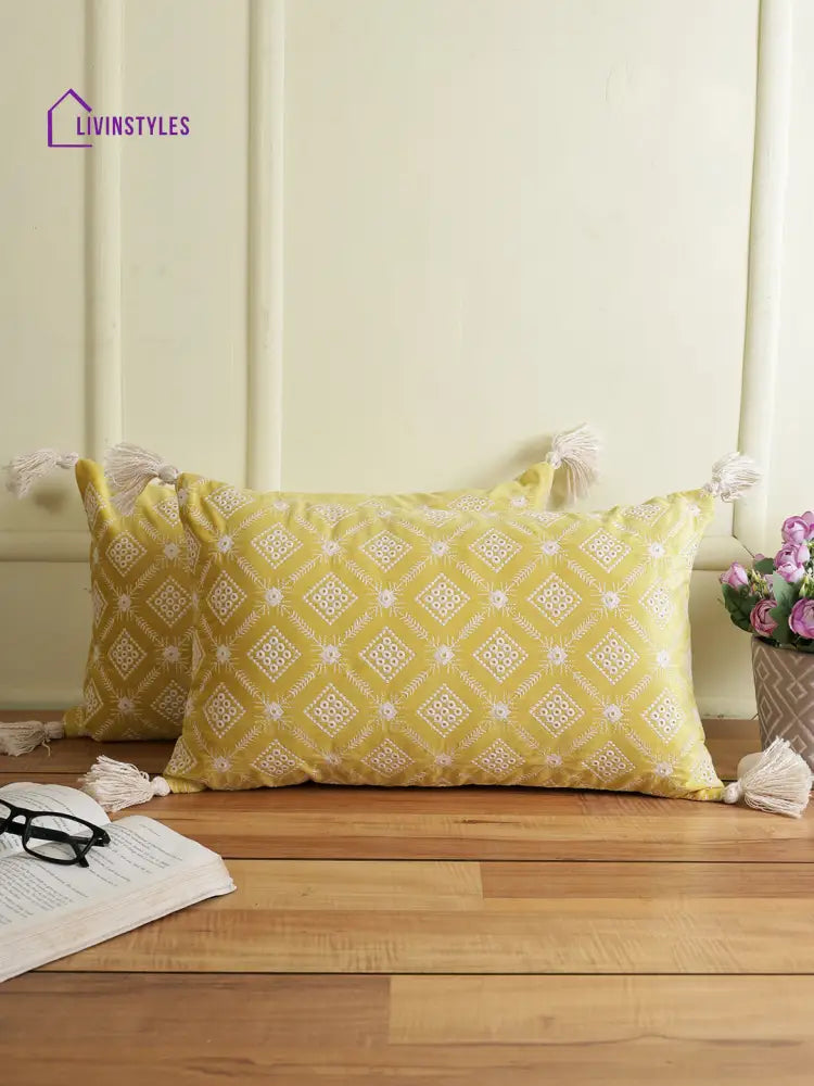 Eyda Super Soft Yellow Color Set Of 2 Embroidered Cushion Cover-12X20 Inch