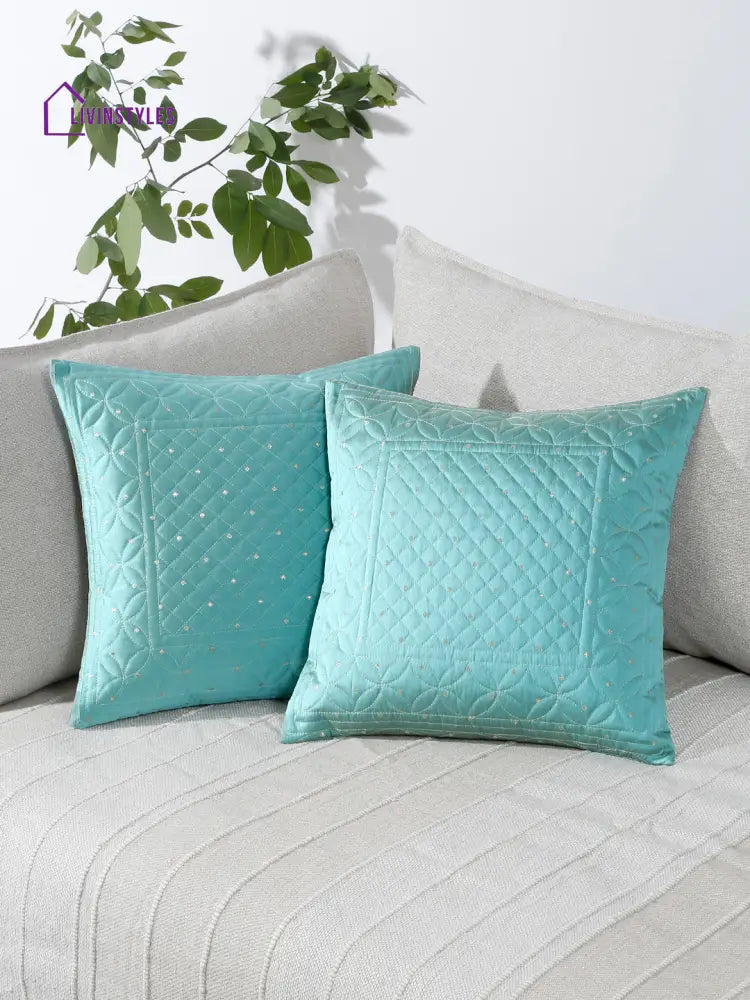 Eyda Turquoise Color Quilted Cushion Covers Set Of 2 - 16X16 Inch