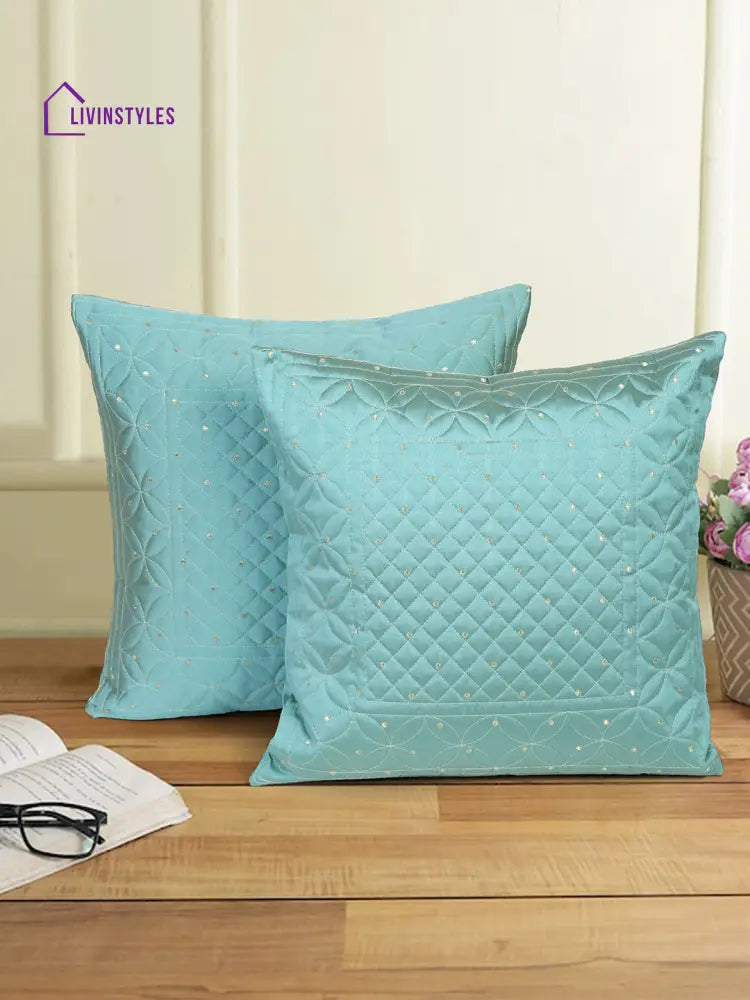 Eyda Turquoise Color Quilted Cushion Covers Set Of 2 - 16X16 Inch