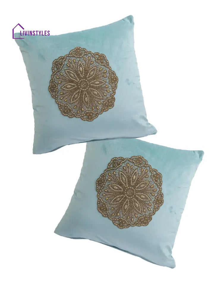 Eyda Velvet Aqua Color Beaded Cushion Cover Set Of 2-18X18 Inch