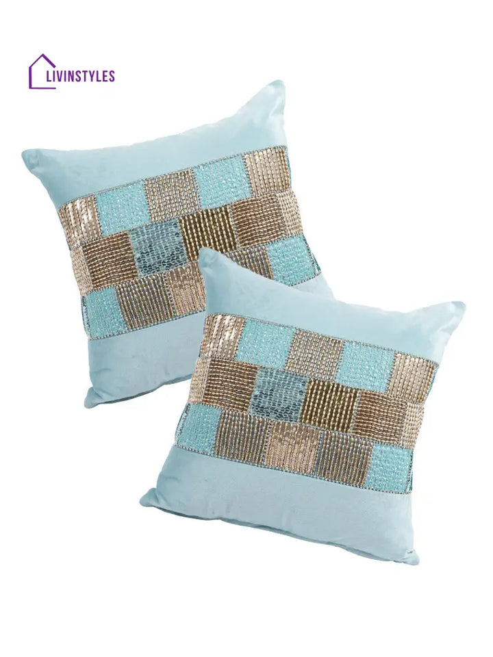 Eyda Velvet Aqua Color Beaded Cushion Cover Set Of 2-18X18 Inch