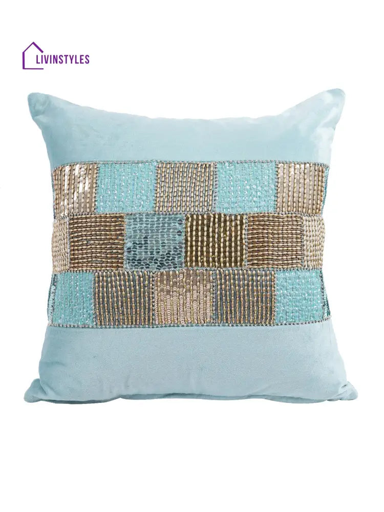 Eyda Velvet Aqua Color Beaded Cushion Cover Set Of 2-18X18 Inch